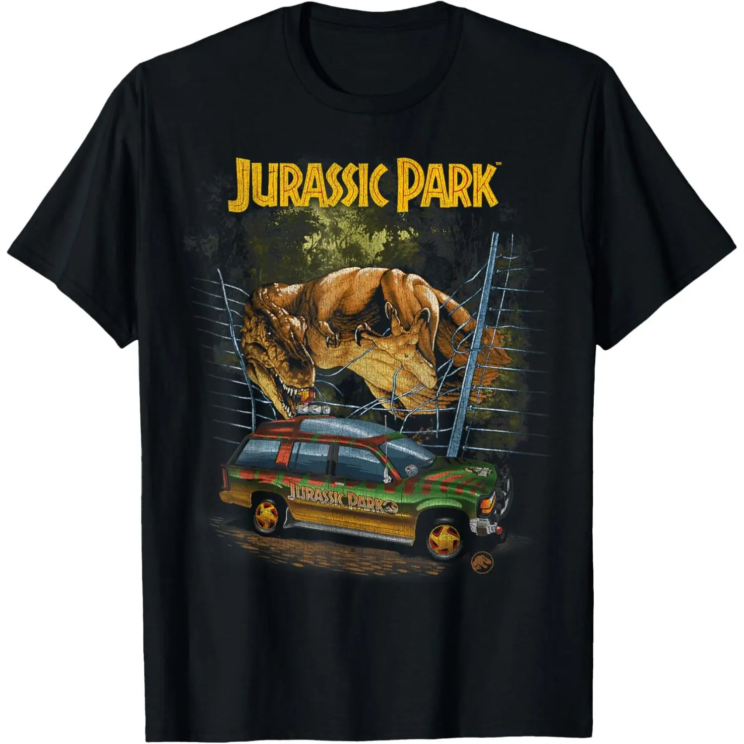 Women's Stylish Aesthetic Jurassic Park Vintage T-Rex Break Out Digital All-Over Print Crew Neck Short-Sleeve T-Shirt - Small, Ideal for Thanksgiving, Easter, Valentine's Day, Jacket, Cargo Pants, Shortsleeve, Graphic, Comfortable, Fit, Breathable, Round,