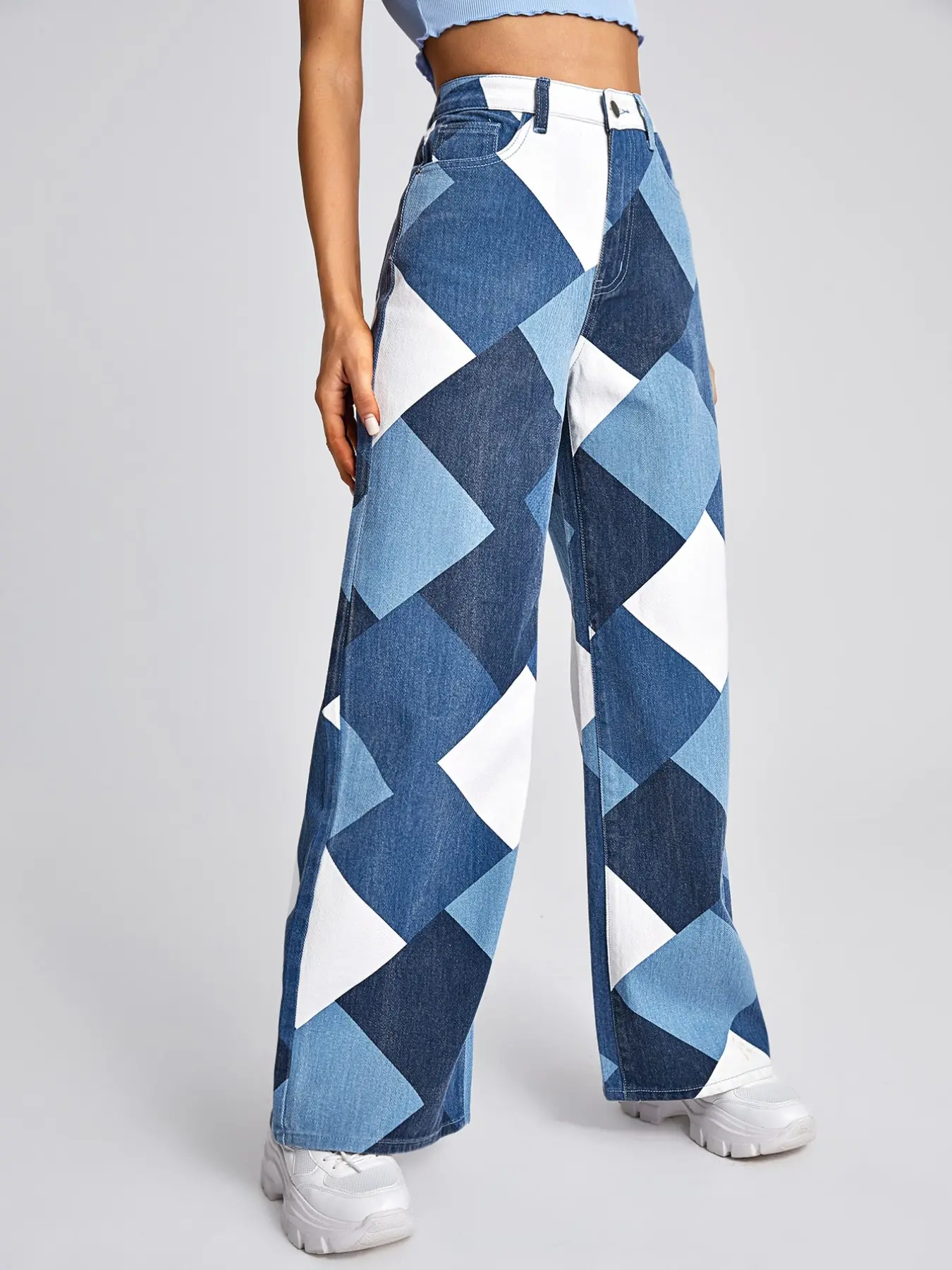 Y2K Geometric Patchwork Wide Leg Jeans for Women, High Waist Colorblock Loose Fit Long Pants, Chic Fashionable Bohemian Style for All Seasons
