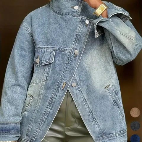 Women's Vintage Washed High Neck Asymmetric Button Loose Light Wash Jeans Jacket, Street Style Fashion Versatile Multi-Pocket Denim Top, Spring Fall
