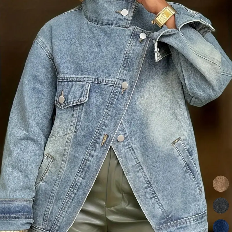 Women's Vintage Washed High Neck Asymmetric Button Loose Light Wash Jeans Jacket, Street Style Fashion Versatile Multi-Pocket Denim Top, Spring Fall