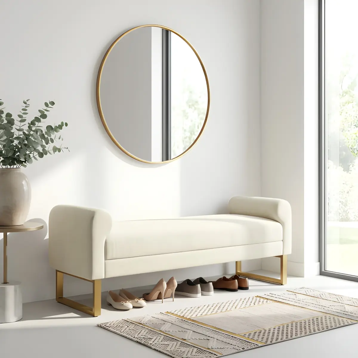65 Inch Chenille Upholstered Ottoman Bench with Arms, Gold Metal Legs, Bed End Bench for Bedroom Entryway Living Room