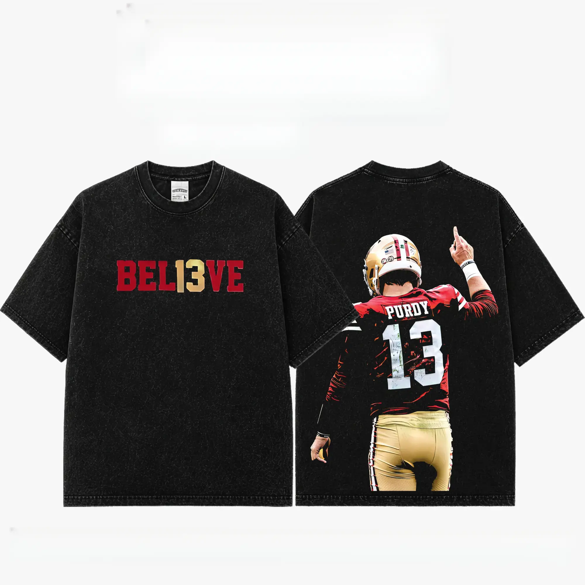 [Sale Up To 50%] Unisex Brock Purdy # 13 Premium Acid Washed Cotton T-Shirt, Bay Area Football Fan Graphic Tee, Vintage Heavyweight Game Day Shirt, Unisex Washed Streetwear Gift