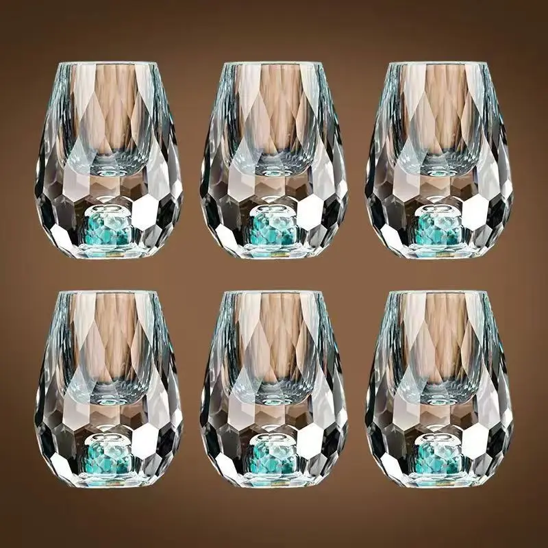 6-Piece Crystal Whiskey Glass Set, Diamond Cut Design with Turquoise Base, Elegant Barware for Whisky, Vodka, Rum, Gin, Brandy, Father's Day Gift