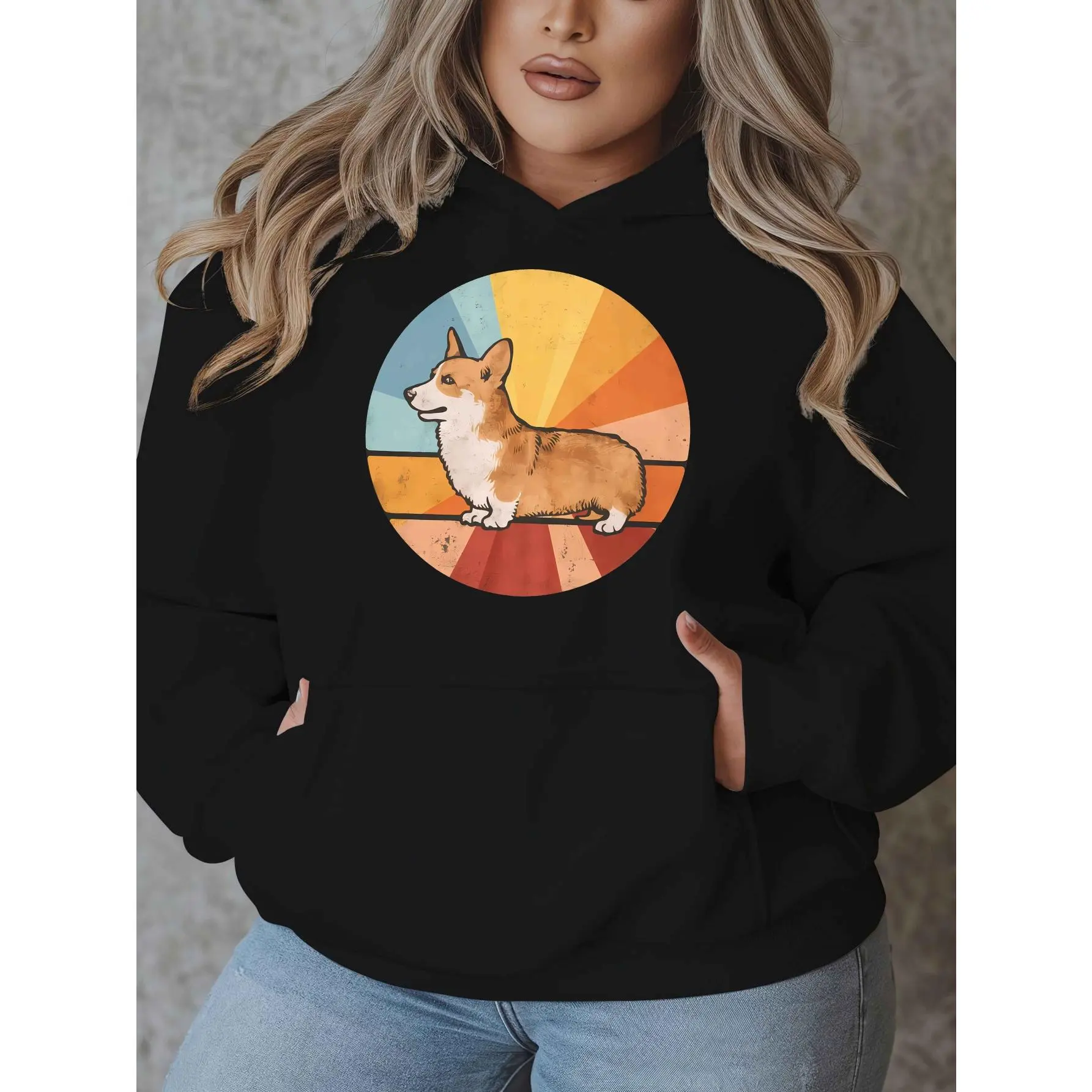 Women's Plus-Size Loose Fit Hooded Sweatshirt - Casual Long Sleeve Top with Corgi Print and Pockets