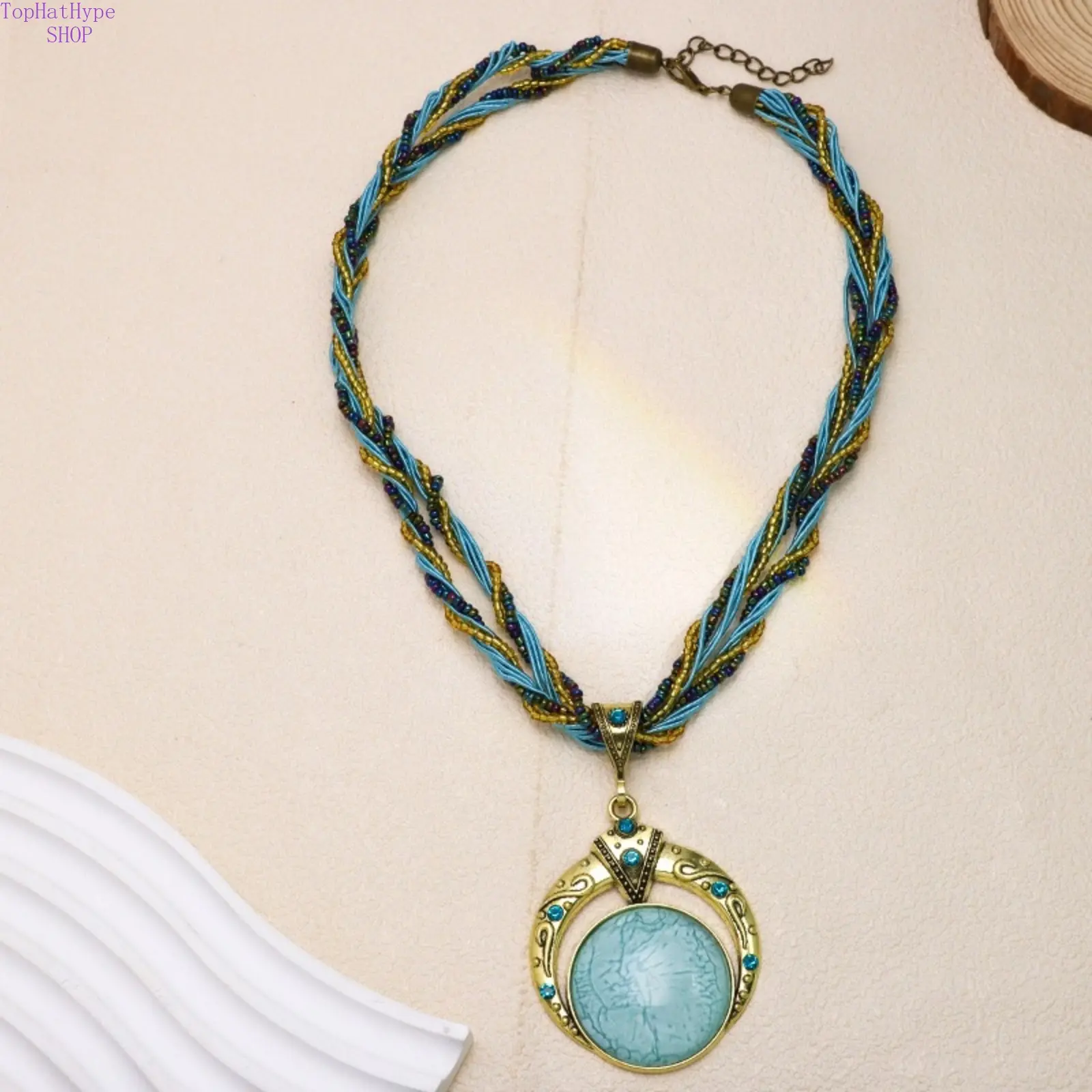 Women's Bohemian Handwoven Beaded Chain Necklace, Ethnic Round Pendant Minimalist Collarbone Chain, Vintage Casual Wear Fashion Accessory for Daily Travel & Beach Outfits