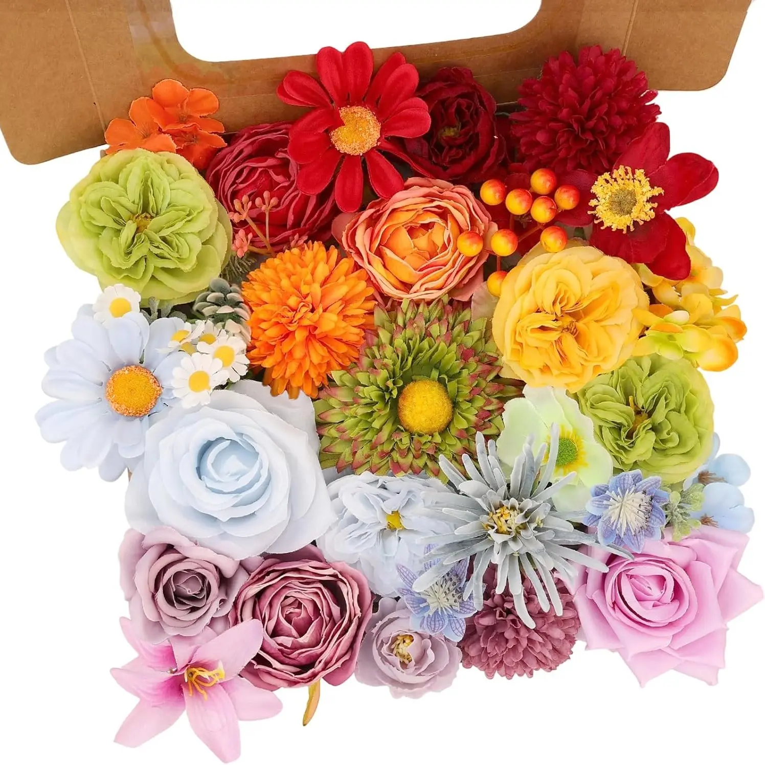 Artificial Flower Arrangement Rainbow Color Mixed Silk Chrysanthemum Rose with Stems, DIY Wedding Bouquet, Baby Shower, Home Decor