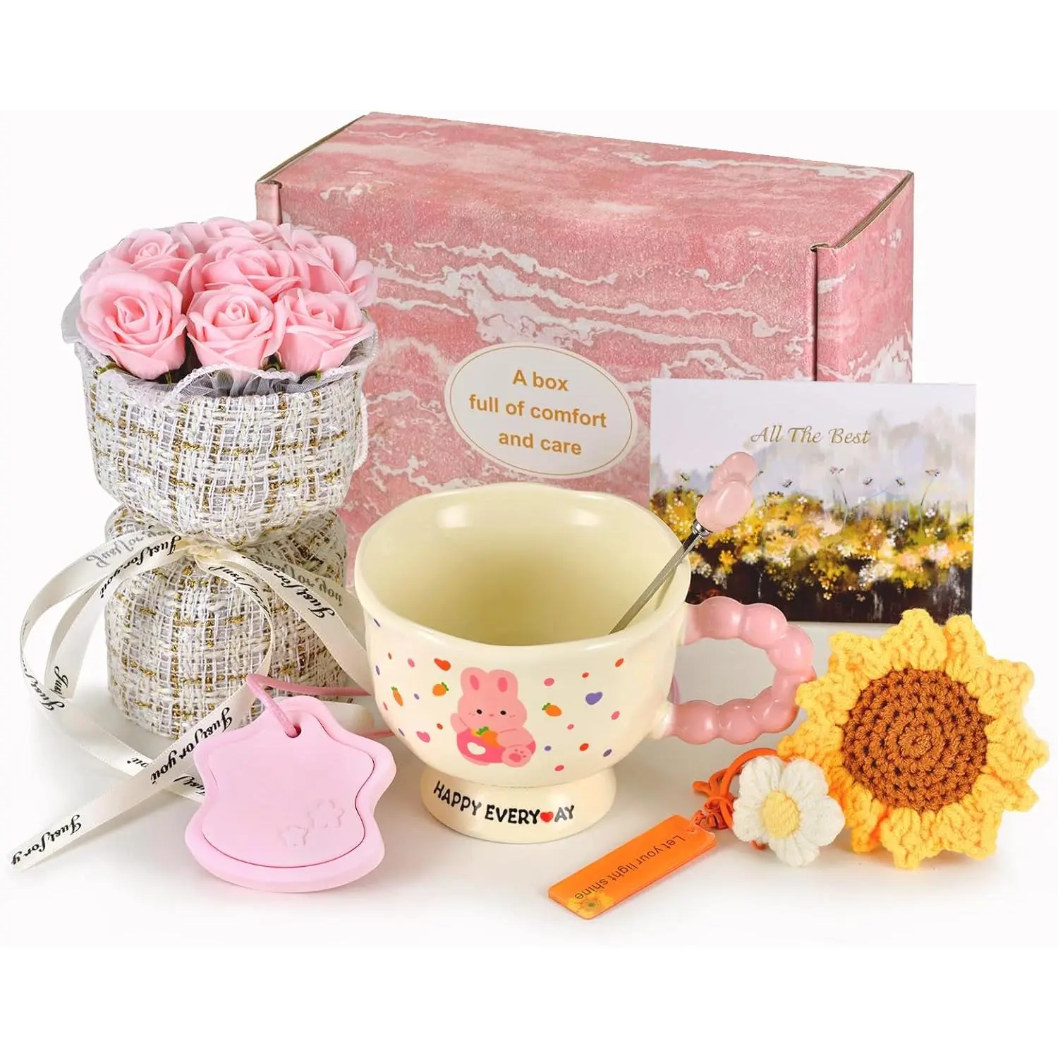 Pink Gift Box Set for, Birthday Surprise Box| Preserved rose,mug,keychain,scented sachet&card.For teen girls,best friend,sister,daughter,graduation.
