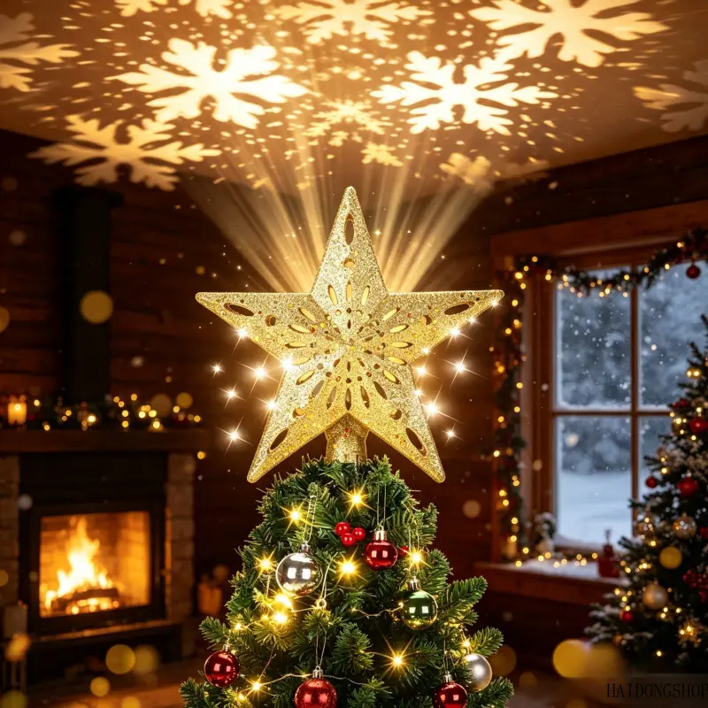 Viral Cozy Christmas LED Pentagram Star Tree Topper With Snowflake Projection Light, Rotating Projector Decor Lamp, Festive Accessory For Xmas Tree Home Party Indoor Holiday Scene Styling Movable Finger Steampunk Robot Charm emerald