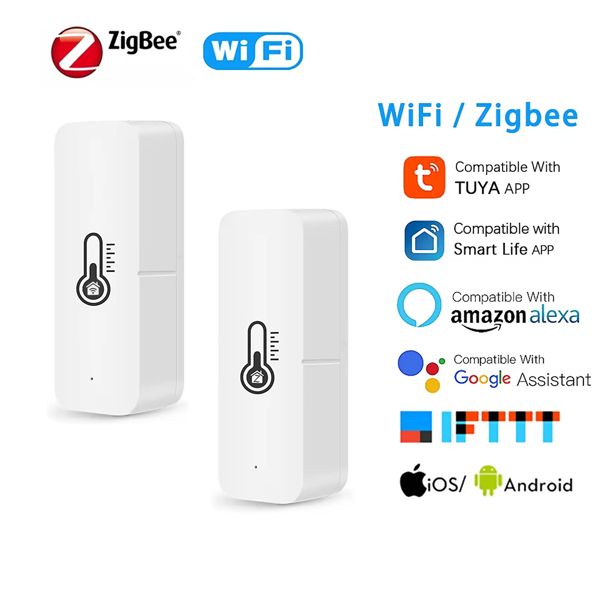 Tuya Zigbee/WiFi Smart Humidity Sensor, Indoor Hygrometer, Remote Real-Time Monitoring Via APP, Compatible with Alexa and Google Assistant