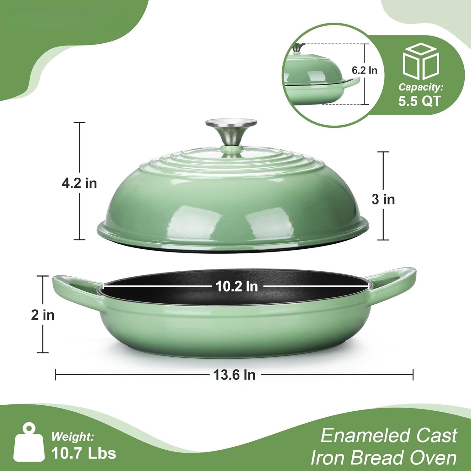 Dutch Oven for Bread Baking, 5.5 Quart Enameled Cast Iron Bread Oven with Lid, Round Bread Pan for Homemade Sourdough Baking, Easy to Clean & Dome Lid, Pistachio Green