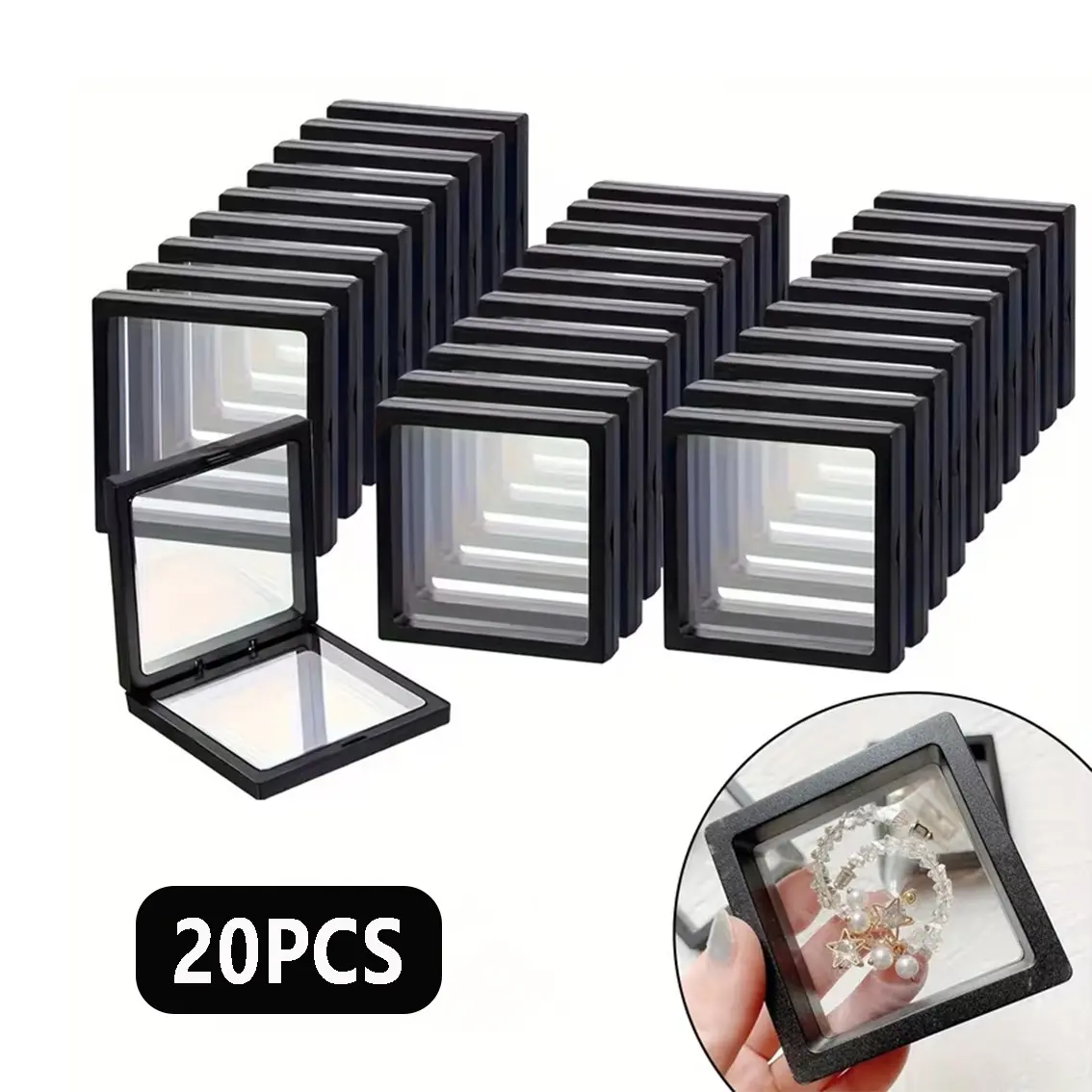 Jewelry Display Case, 20pcs/set 7x7cm Portable Plastic Jewelry Display Case with 3D Floating Frame Stand, Display Case for Coin & Jewelry Display