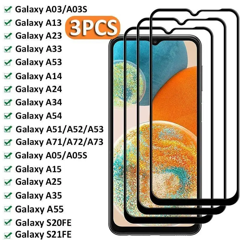 3 Pieces Full Tempered Full Cover Shockproof Glass Screen Protector for Samsung Galaxy (A03,A04,A05,A13,A14,A15,A25,A35,A51,A53,A54,A55,A71,A72) & S20FE - Mobile Phone Accessory for Smartphone Users, Multi-Model