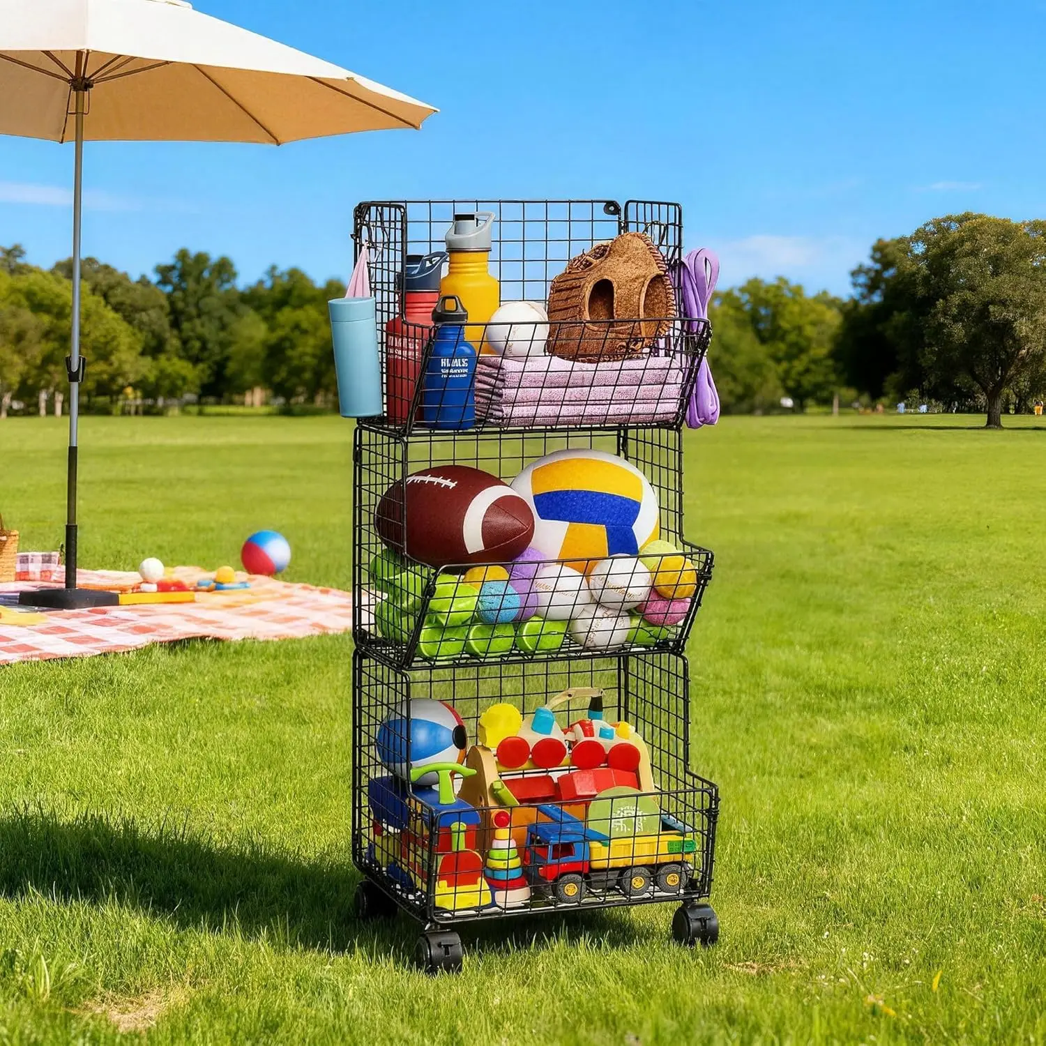 Toy Storage Basket, Play Kitchen Organizer with 5 S-Hooks, 3-Tier Rolling Storage Cart for Garage Pantry Floor Snack Cart with Wheels, Toy Shelf Dog Storage Organizer Kids Bookshelf