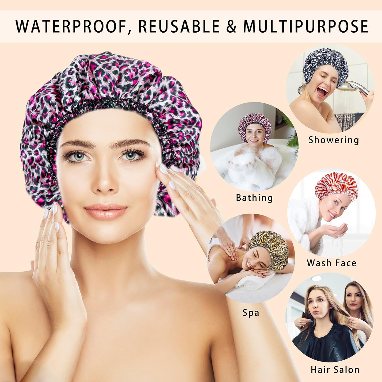4 PCs reusable shower caps for women-double waterproof elastic bath caps, printed color, double layer design body bonnet hat light Set Plastic 4 PCs reusable shower caps for women-double waterproof elastic bath caps, printed color, double layer design body bonnet hat light Set Plastic