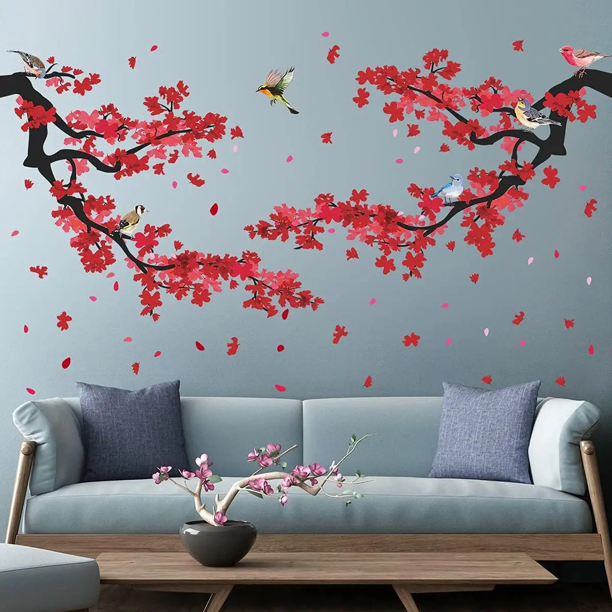 Red Plum Branch Wall Sticker Creative Flower Birds Frolic Pastoral Style Wall  Removable Peel and Stick for  Girls Bedroom Living Room Office TV Background Classroom Art Wall Decor (A)