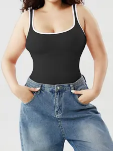 Women Color Binding Spaghetti Strap Bodysuit, Seamless Slim Fit, Casual Patchwork Jumpsuit, Comfortable and Stylish Layering Piece