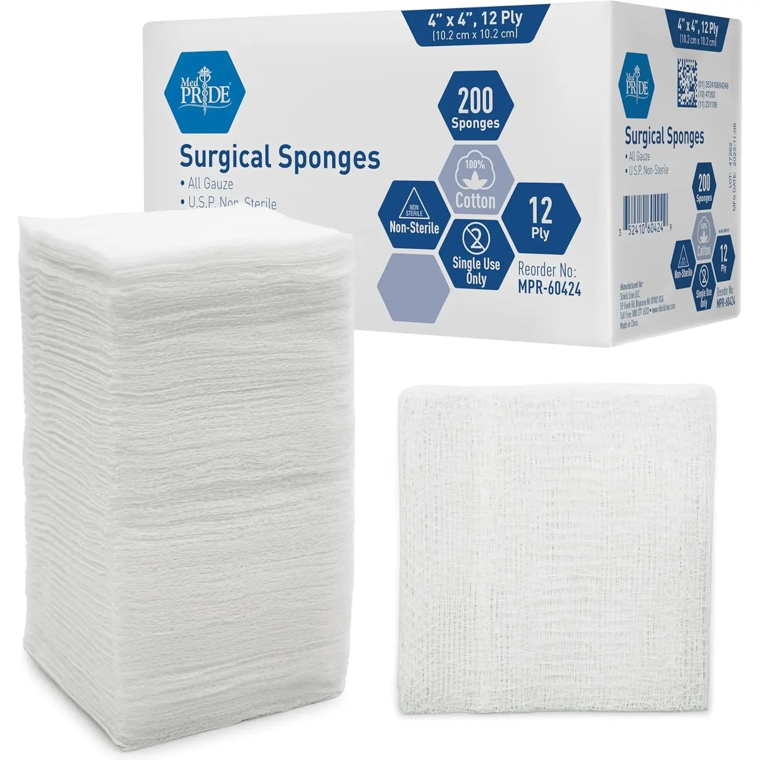 Multi-Ply Cotton Gauze Sponges for Adults, 4x4 Inch 12-Ply Pads, Highly Absorbent & Non-Sterile for First Aid Kits, All Seasons, 200 Count, Unisex, Wound Dressing, 12-Ply Thick