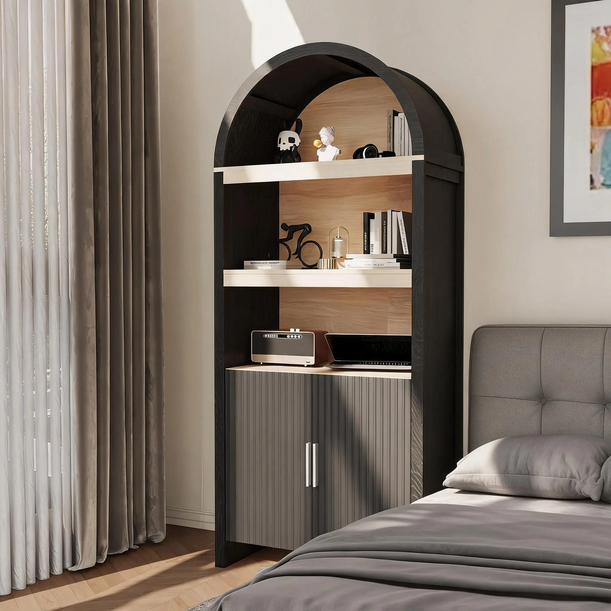 Arched 5 Tier Bookcase Cabinet 71 Inch Tall Wooden Bookshelf with Fluted Doors for Home Office Living Room Modern Storage Display Rack