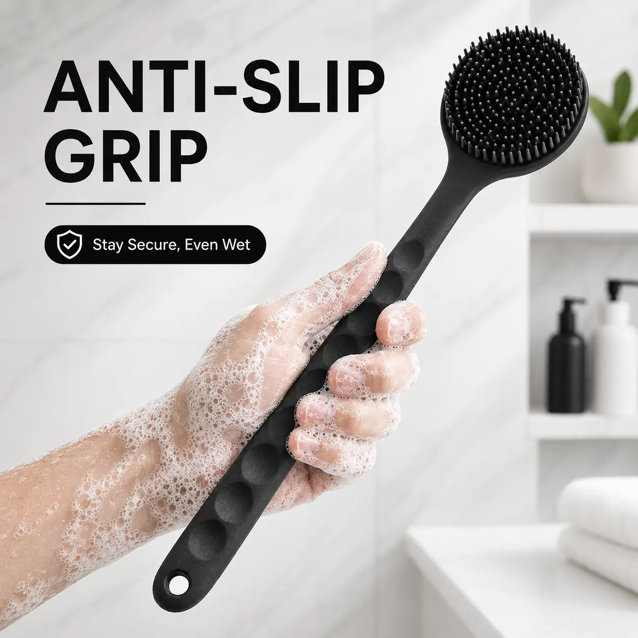 Lightweight Silicone Body Scrubber - Long-Handle Double-Sided Shower Body Brush with Soft Bristles for Deep Clean & Rich Foam, Hanging Design, Soap for Camping & Hiking Personal Care, Cleaning, Accessories, Bath, Exfoliating Bath Tool, Back