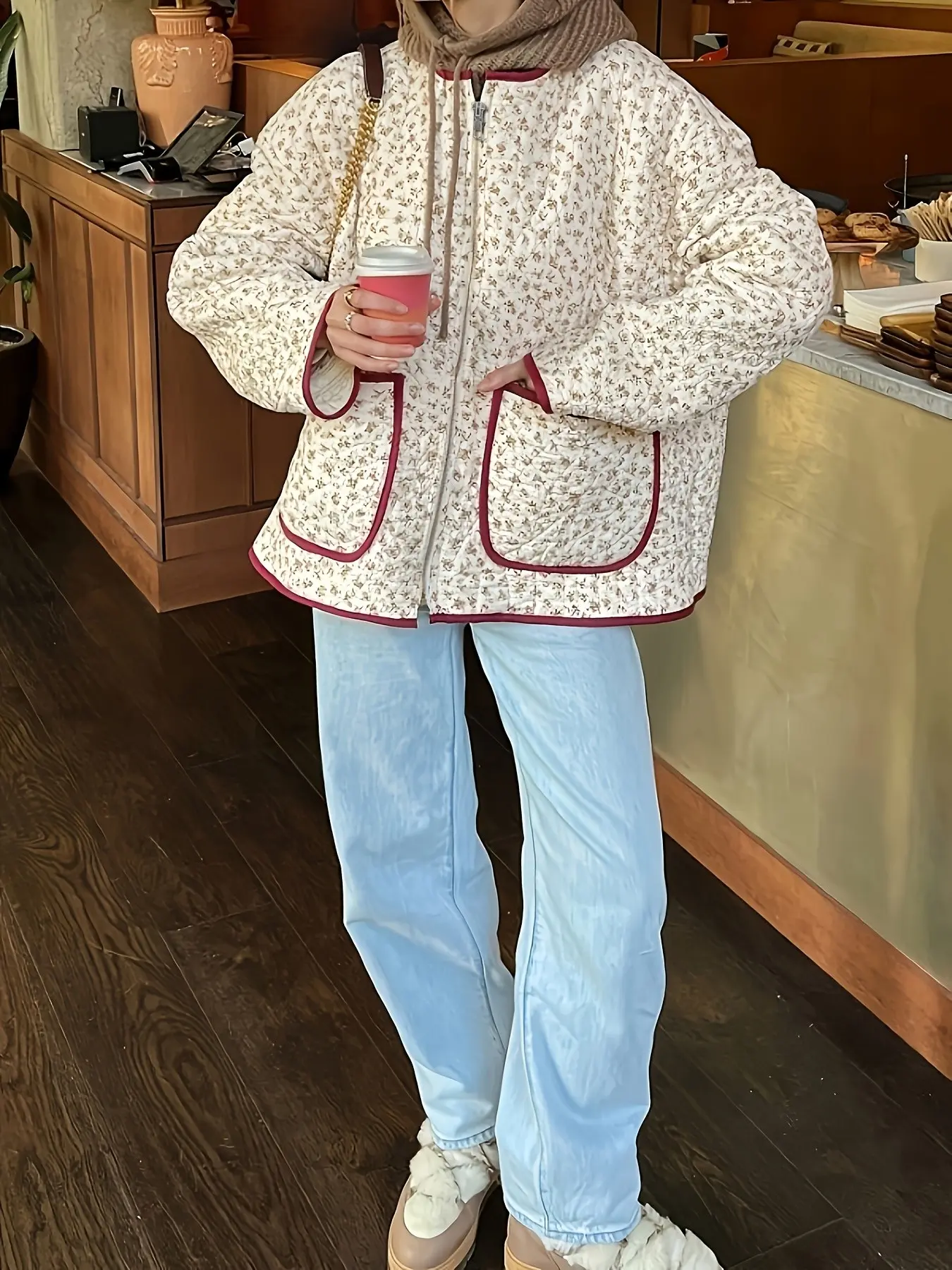 2026 Fall Winter New Fashion Street Retro Ditsy Floral Loose-Fitting Quilted Long Sleeve Jacket Coats for Women, Trendy No-Neck Outerwear