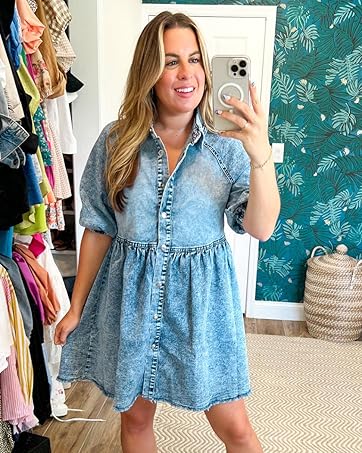 FMEYOA Womens Summer Denim Dress Button Down Short Sleeve Babydoll Dress Puff Sleeve Flowy Jean Dress