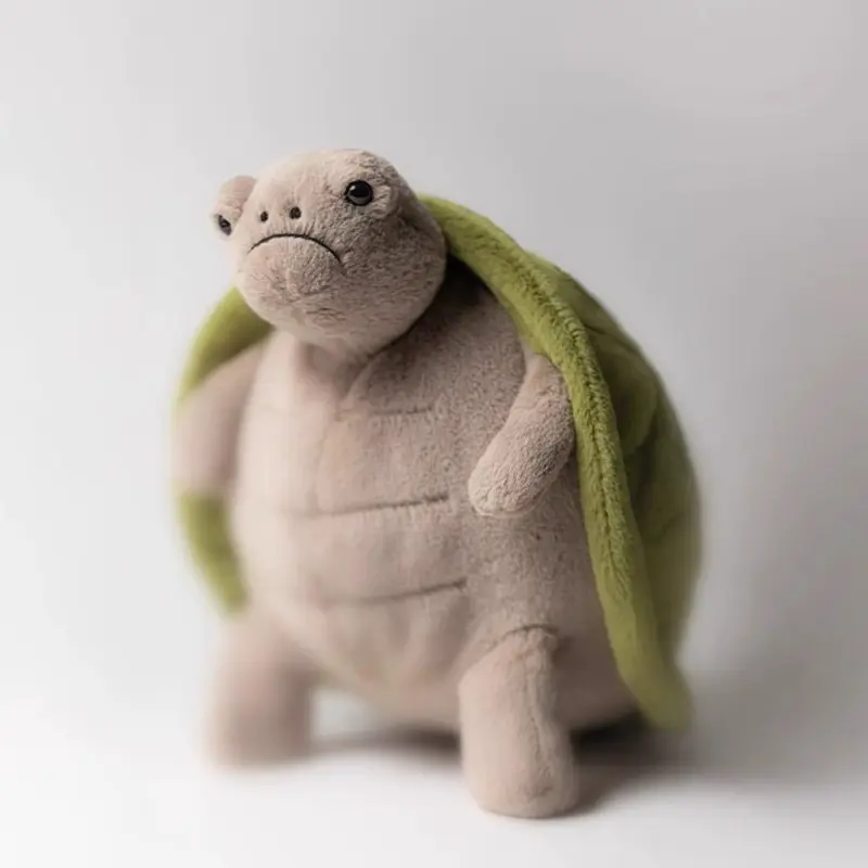Cute Grumpy Tortoise Plush Toy Sad Frowning Turtle Stuffed Doll Light Khaki Body Removable Green Shell Simple Downturned Mouth Black Bead Eyes Soft Flannel Healing Animal Hug Pillow Gift For Girls Kids Bedroom Sofa Desk Birthday Christmas Party Decor