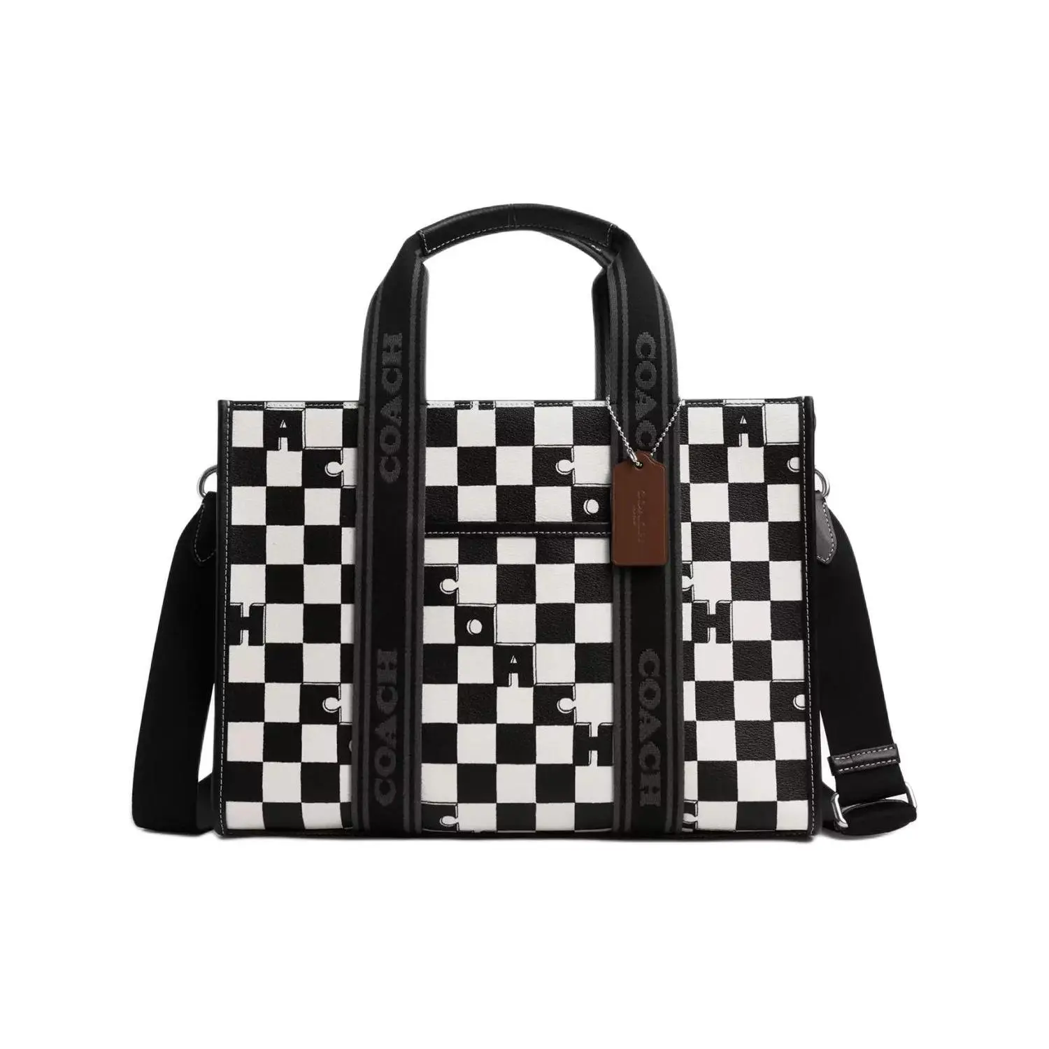 Coach Smith 34 Checkered Coated Canvas and Smooth Leather Tote Bag for Women, Large, Black