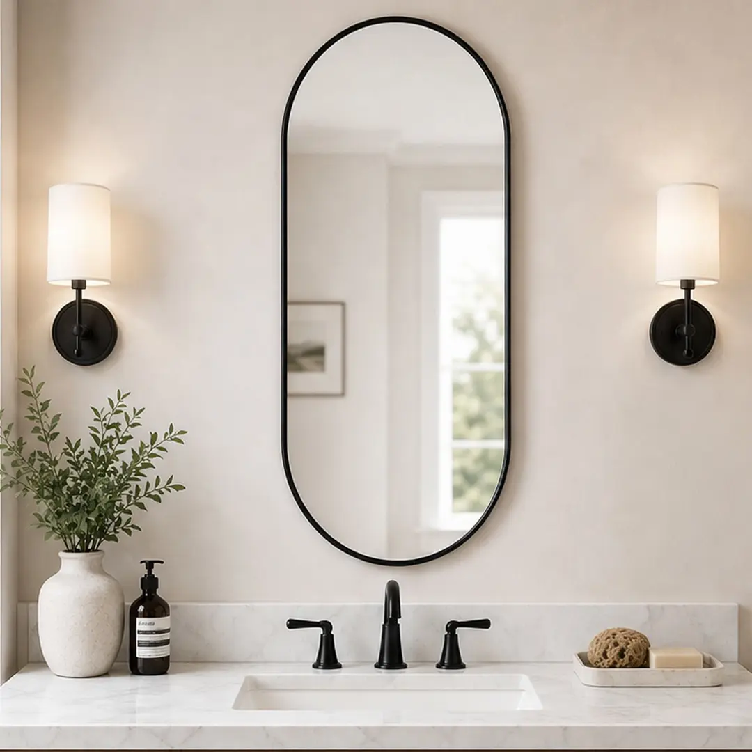 Luxury Modern Black Oval Wall-Mounted Floating Vanity Mirror - 18x40 in, Rustproof PVC Frame, HD Tempered Glass, Waterproof, Moisture Resistant, Durable, Distortion-Free Reflection, Horizontal/Vertical Hanging, Box Packaging, for Bathroom, Wall Decor