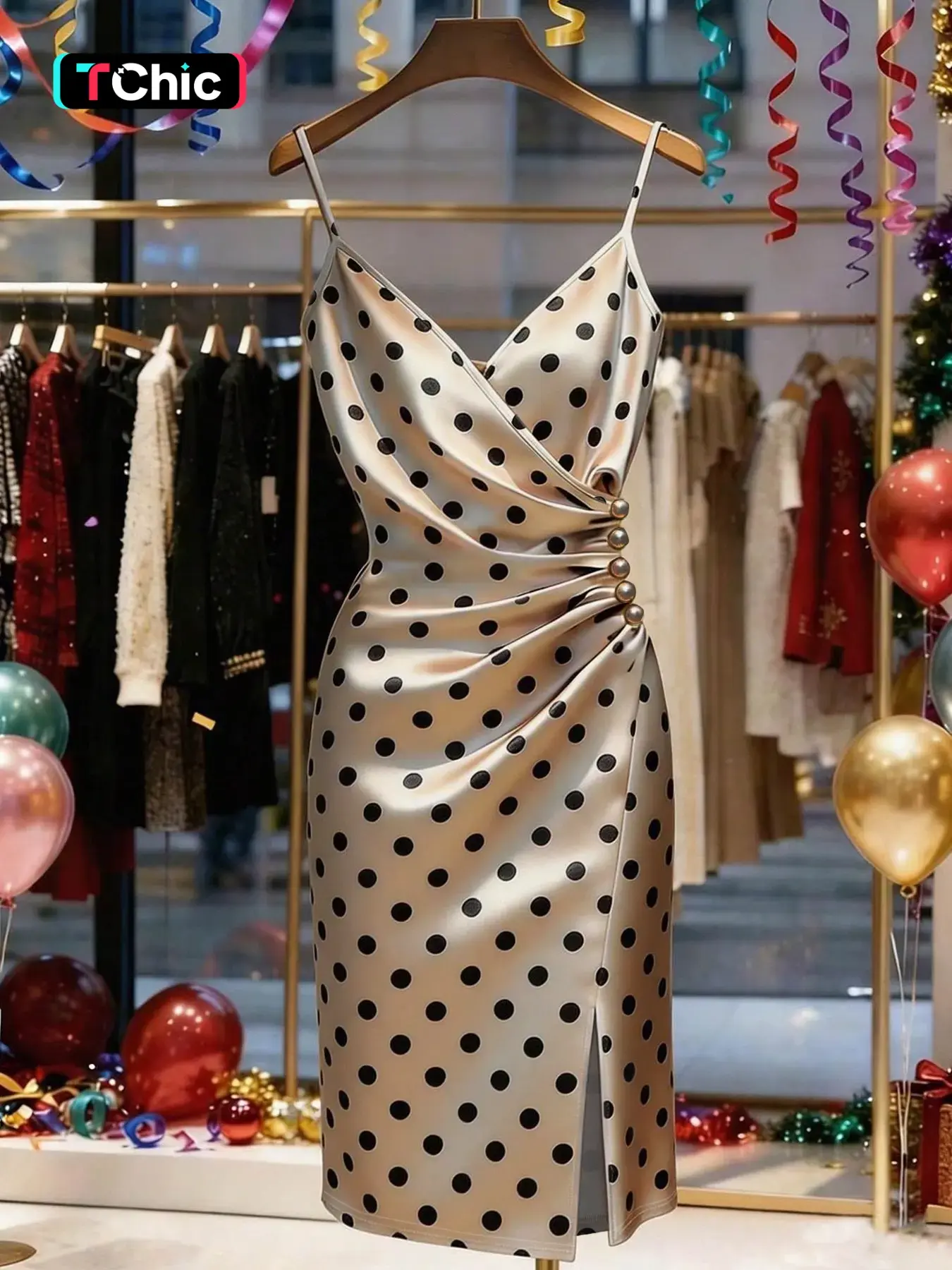 Women's Summer Minimalist Polka Dot Midi Dress, Knit Fabric, Champagne Color, Sleeveless Dress