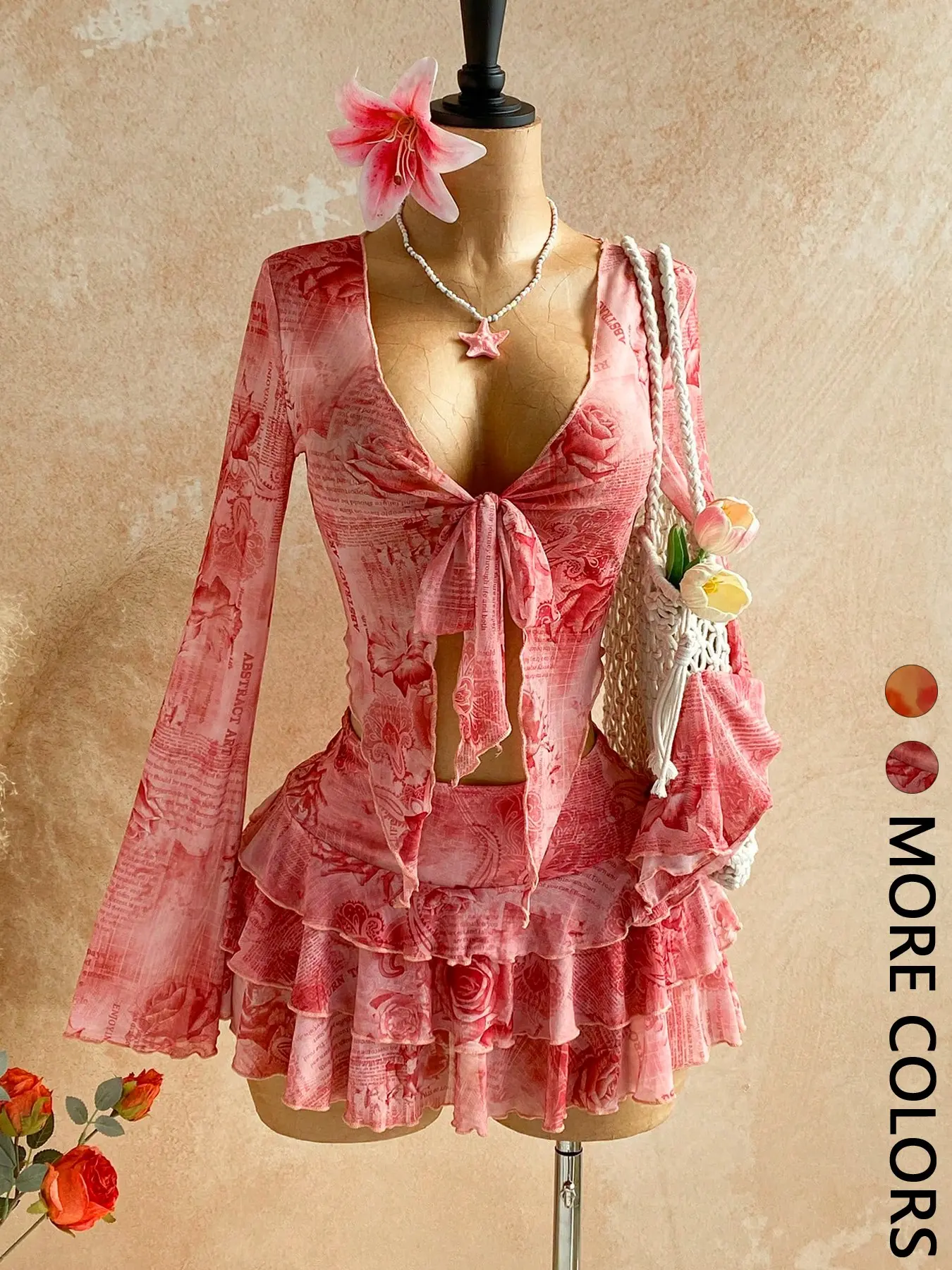 2 Piece Women's Floral Print Mesh Tie Front Top and Ruffle Mini Skirt Set, Summer Beach Outfit
