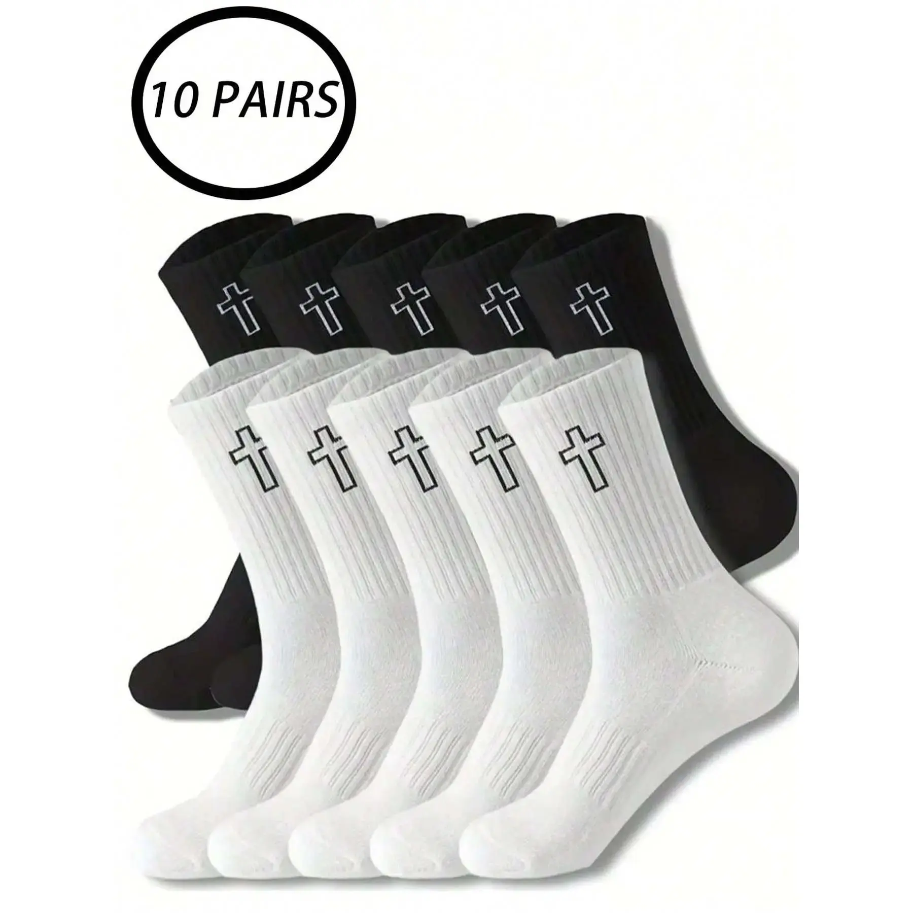10 Pairs Cross Pattern Mid-Calf Socks, Sock Packs, Dark Trendy Casual Style, Breathable Sweat-Absorbing, Streetwear for Men & Women Daily Wear, Unisex, Outfit