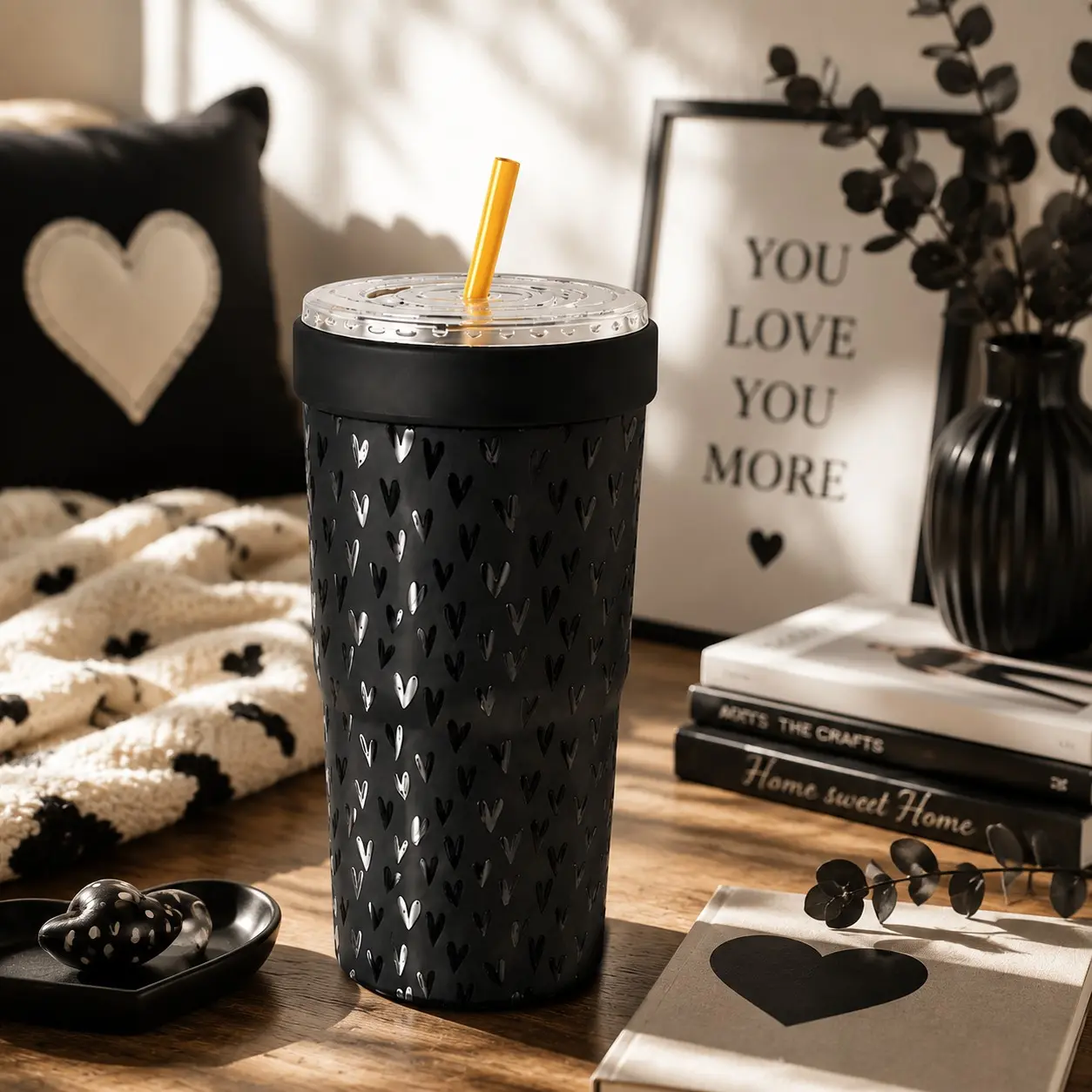 1PC 32oz Black Heart Print 2-in-1 Insulated Tumbler & Iced Coffee Cup Sleeve, Leak-Proof Double Wall Stainless Steel Travel Mug, Cold 12+H & Hot 6+H, Fits 16–32oz To-Go Cups, Christmas & Valentine’s Day Gift for Friends & Family
