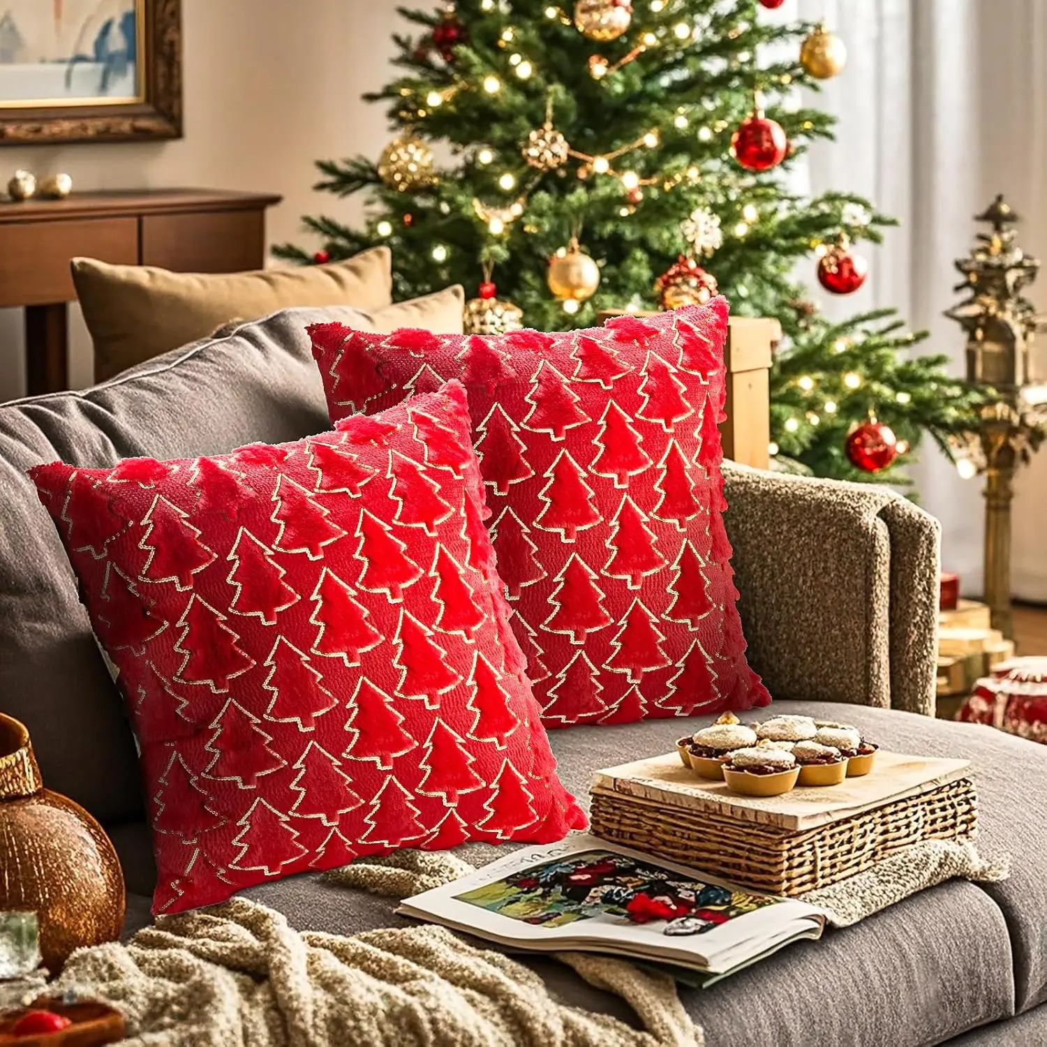 2pcs Xmas Theme Soft Plush Throw Pillow Covers with Hidden Zipper, Fluffy Cushion Covers for Home Décor, DIY Specialty Supplies Gift Pillowcase