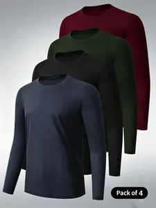 4-Pack Men's Sport Long Sleeve Crew Neck Shirts, Quick-Dry Fitness Wear, Casual Outdoor Apparel, Bodycon Workout Clothes, Athletic Training Tops