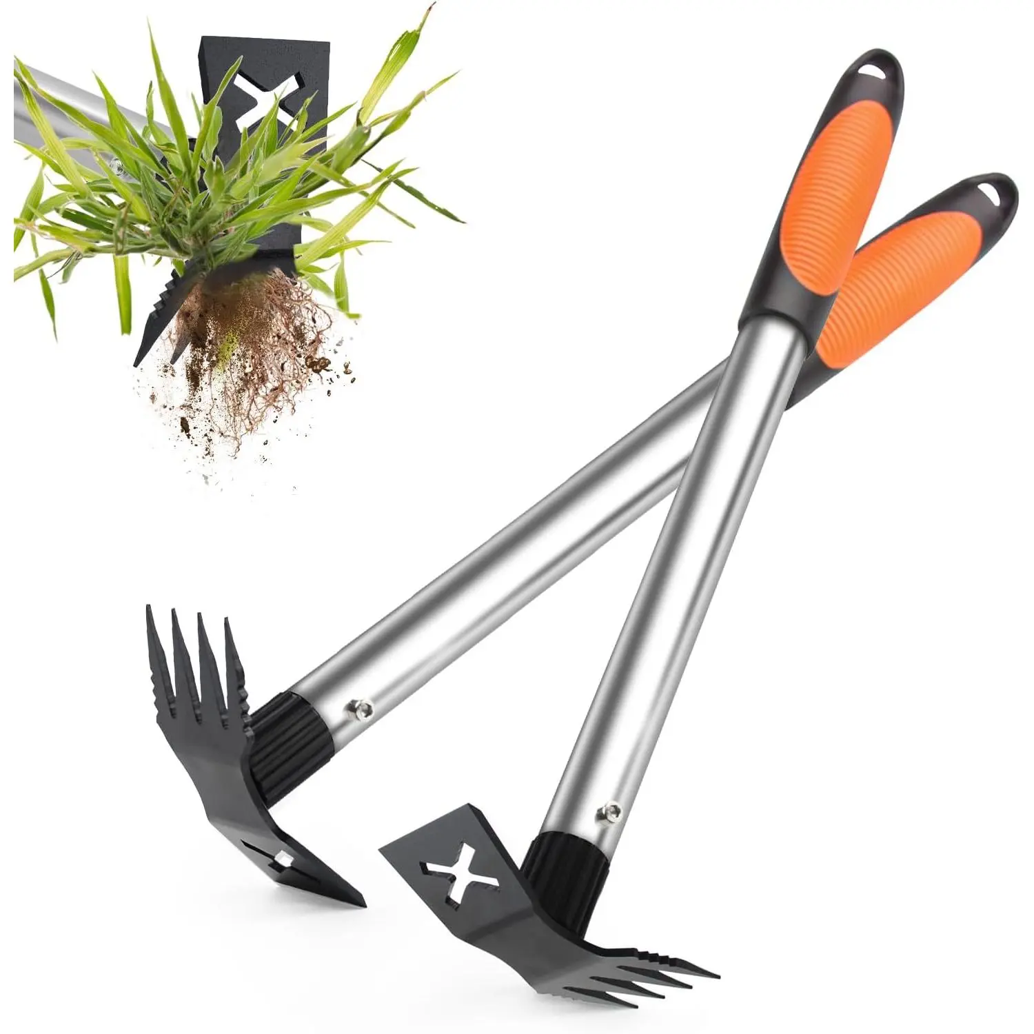 Weed Puller Tool 2 Pack, 2 in 1 Manual Weeding Rake and Garden Hoe, 17" Uprooting Weeder Remover Tool for Yard Lawn Patio and Garden, Portable Gardening Hand Tools for Veggies Flower Planting