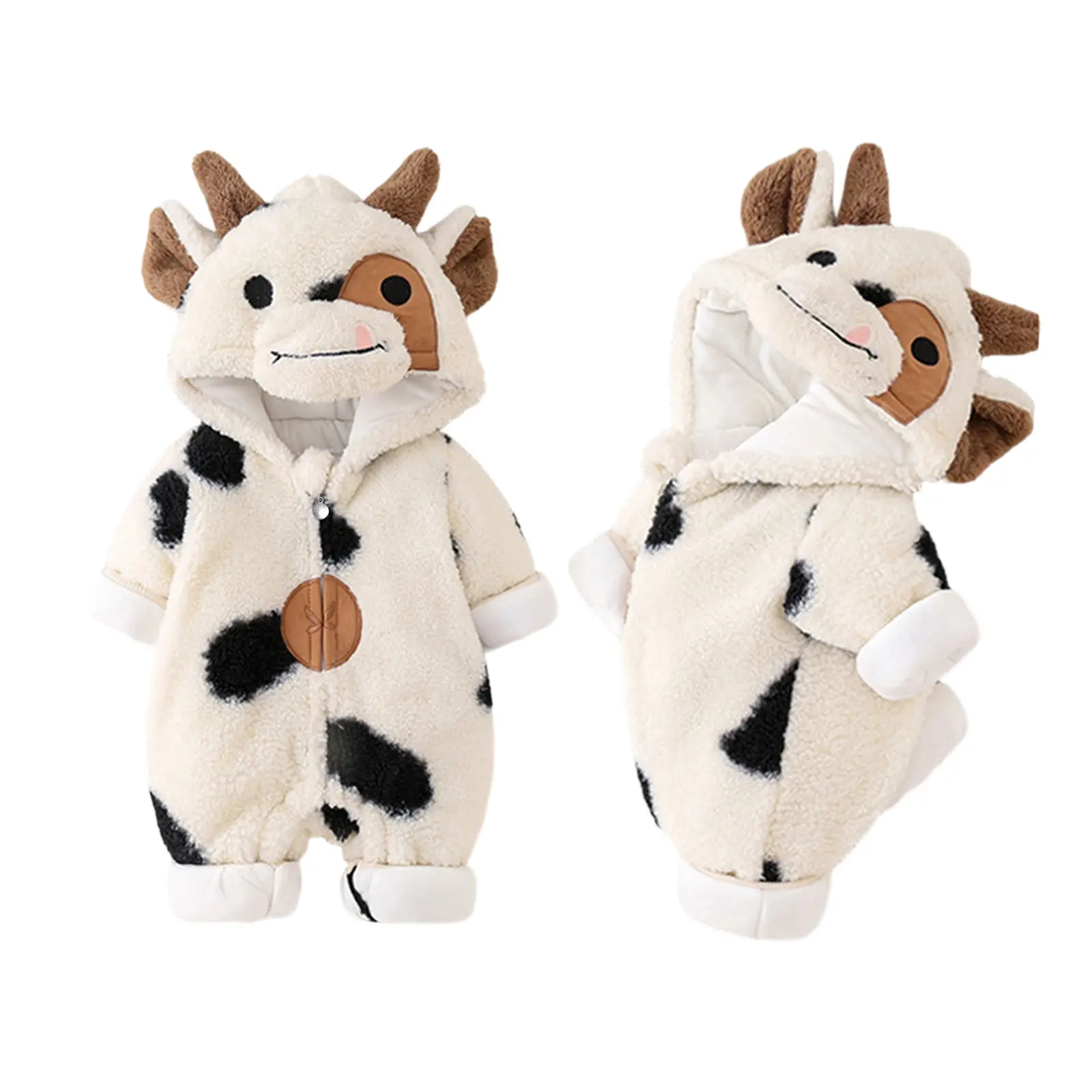 Newborn Baby Cow Onesie Outfit Girls Boys Fleece Jumpsuit Romper Hooded Coat Winter Outwear Snowsuit 0-24 Months