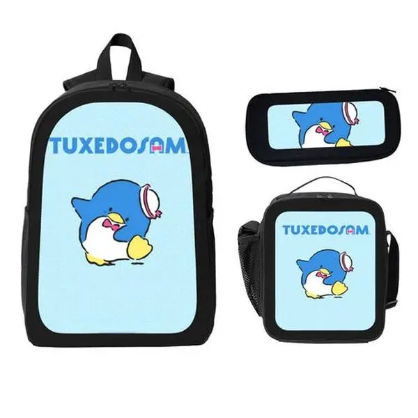 3‑Pcs Backpack Set, Cute Cartoon Blue Penguin Print Bookbag, Light‑Weight Waterproof School Backpack with Insulated Lunch Bag and Pencil Pouch for Girls Boys Daily School Use