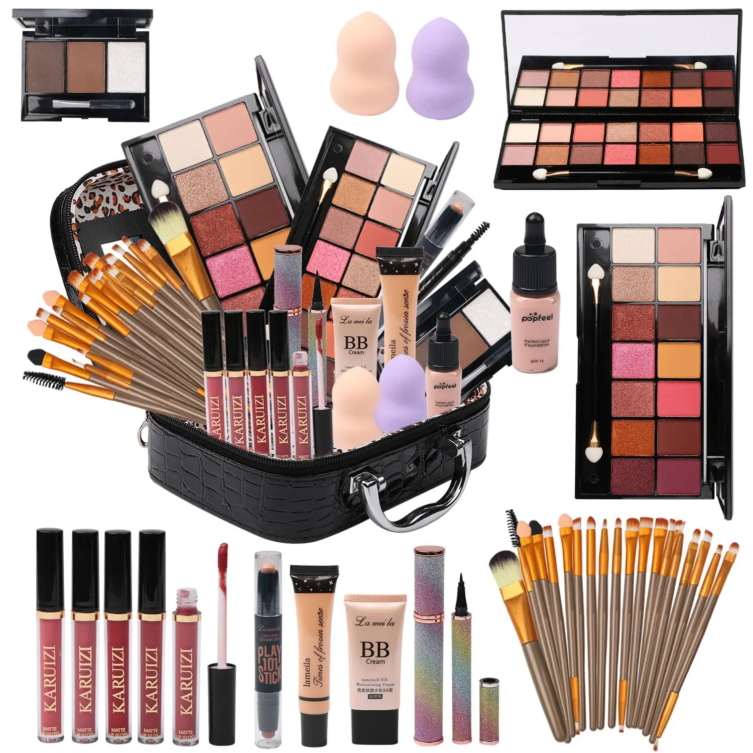 Women Teen Girls All-in-One Makeup Gift Kit, Complete Cosmetic Set with Dual 14 Shades Eyeshadow, Liquid Foundation, Eyeliner, Contour Stick, Lip Gloss, 20 Makeup Brushes & Portable Black Storage Bag, Daily Travel Makeup Starter Set