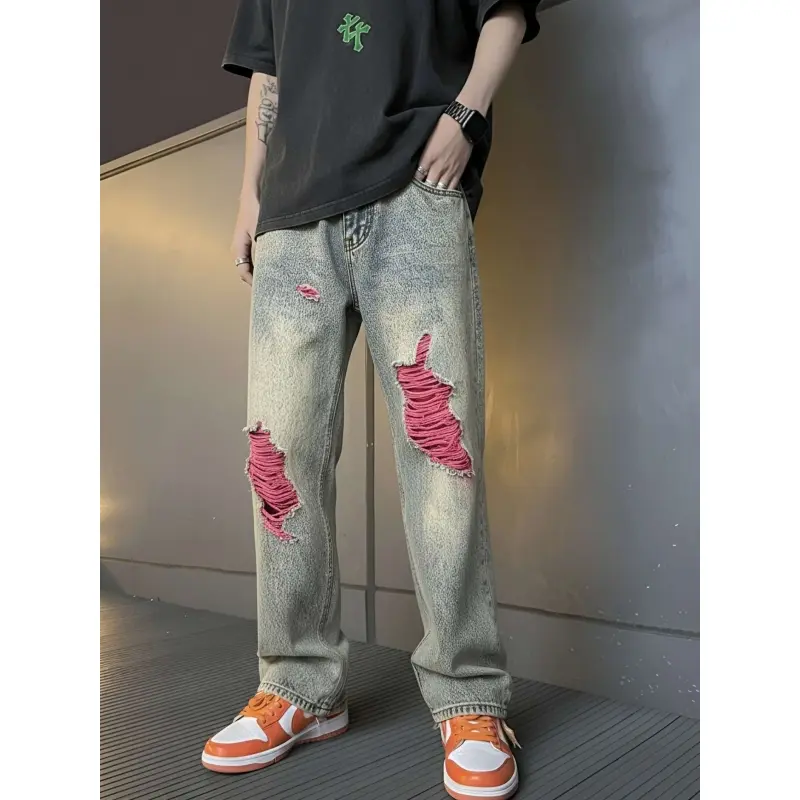 H318  Men's trendy high street casual loose patchwork color block ripped loose non-stretch straight jeans