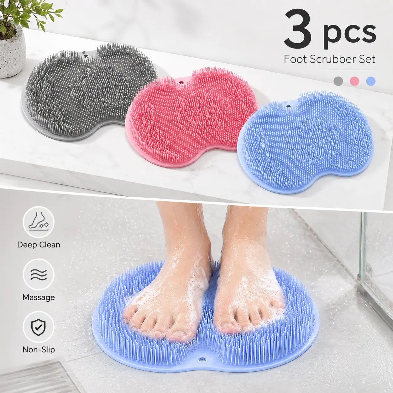 3 Pcs Shower Foot Scrubber Mat, Back Washer & Exfoliating Bath Wash Pad with Non-Slip Suction Cups, Foot Cleaner for Men Women,anti,home essentials