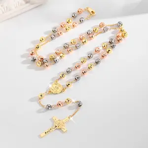 Stylish and exquisite tricolor 6mm round bead St. Benedict rosary necklace, gold-plated classic Jesus cross pendant rosary, sacred Christian jewelry, festive blessing gift for prayer. fashionable valentine