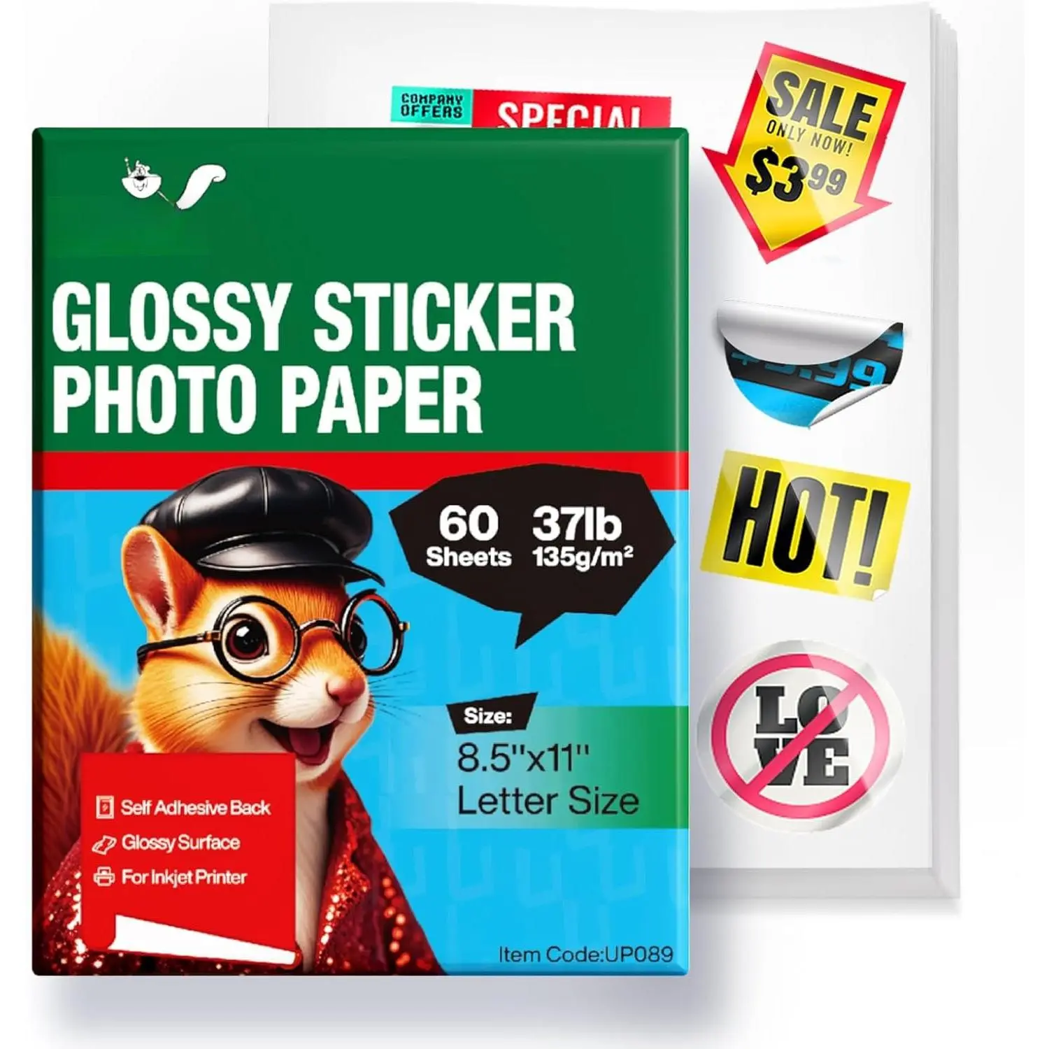 Glossy Sticker Paper for Inkjet Printer, 60 Sheets 8.5 x 11Inches 6.5Mil Printable Self Adhesive Photo Paper Priner Sticker Papers for Inkjet Printer Dries   Color (60, 8.5x11)