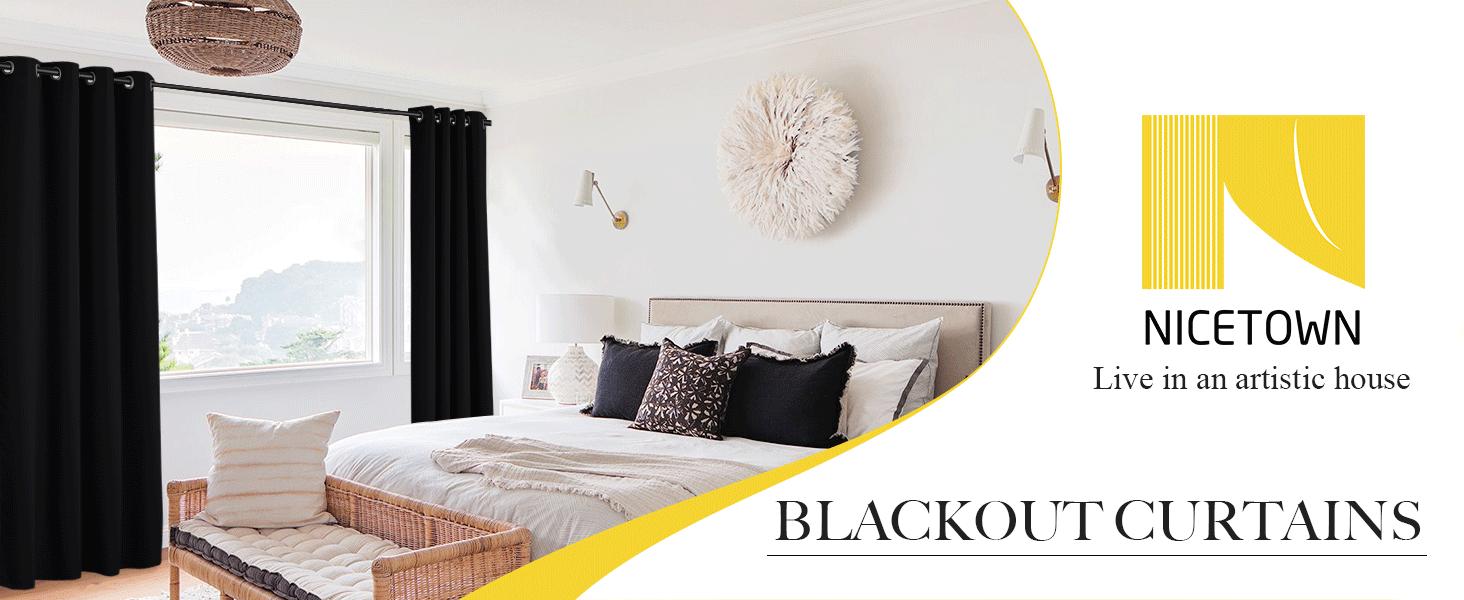 Blackout Draperies Window Panels, Autumn/Winter Thermal Grommet Blackout Curtains/Drapes for Cafe (Set of 2, 70 inches by 72 inches, Black)