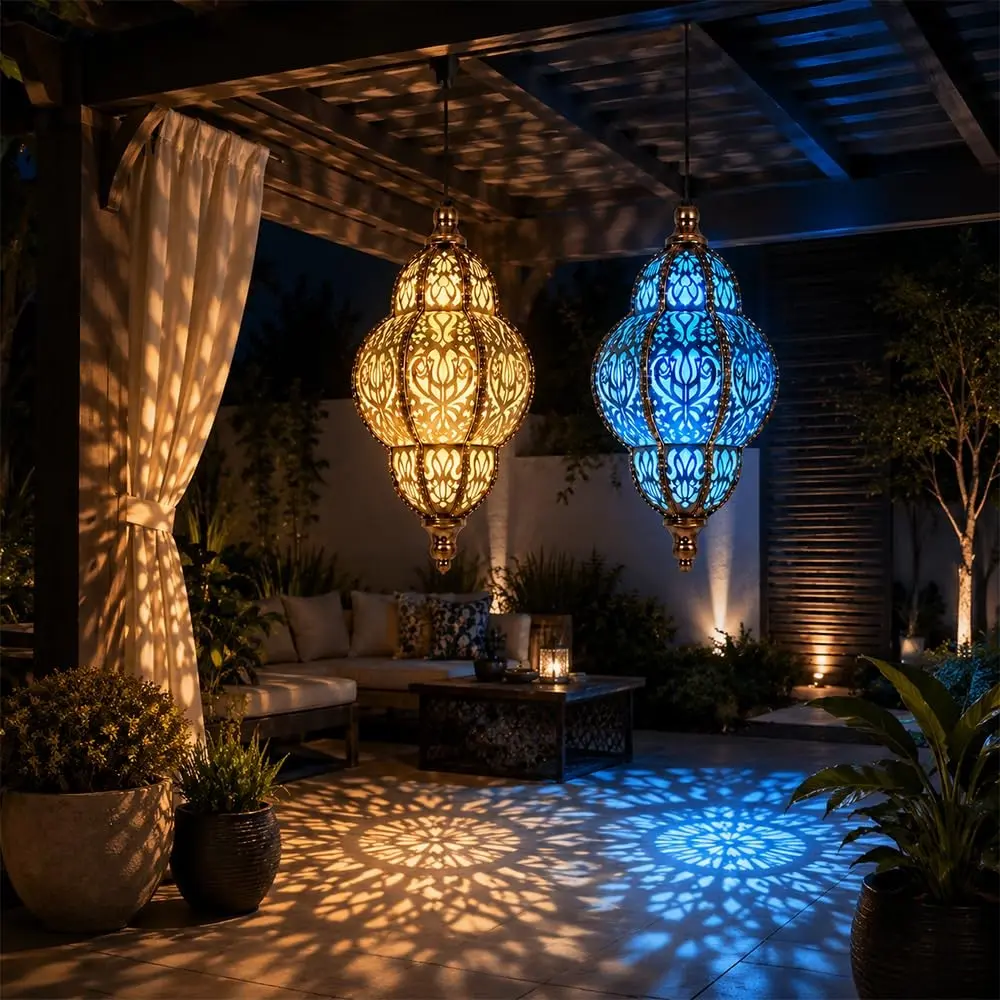 Solar Iron Lattice Lamp, Outdoor Hanging Light, Moroccan European Garden Lantern, LED Bulbs, Waterproof, Decorative Atmosphere, Patio, Balcony
