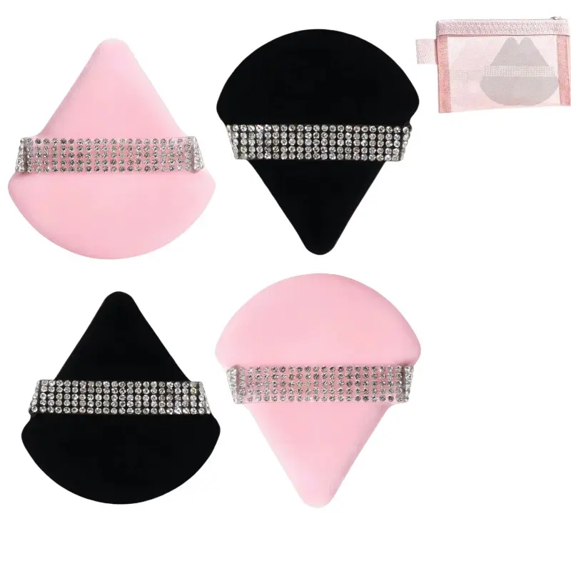 4 Pack Soft Face Powder Puff with Storage Mesh Bag, Triangle Velour Makeup Sponges, Wet and Dry Use, Washable, Gift for Parties