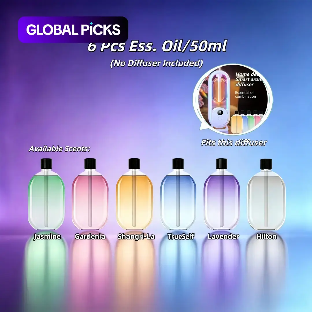 6 Bottles 50ML Fragrance Essential Oil Refill Liquid, Scent Diffuser Oil Refills, Compatible with Aroma Diffuser in Main Image, Jasmine, Gardenia, Shangri-La, Lavender, Hilton, Only True Self Scents Available #GLOBAL PICKS