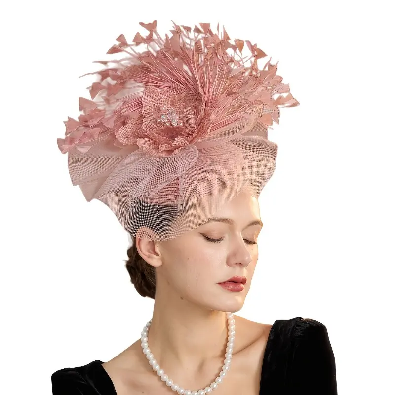 Women’s Pink Veiled Top Fascinator Hat with Mesh Feathers, Vintage Glam Feather Flower Headpiece for Wedding, Horse Race Events, Lightweight, Feather Layer
