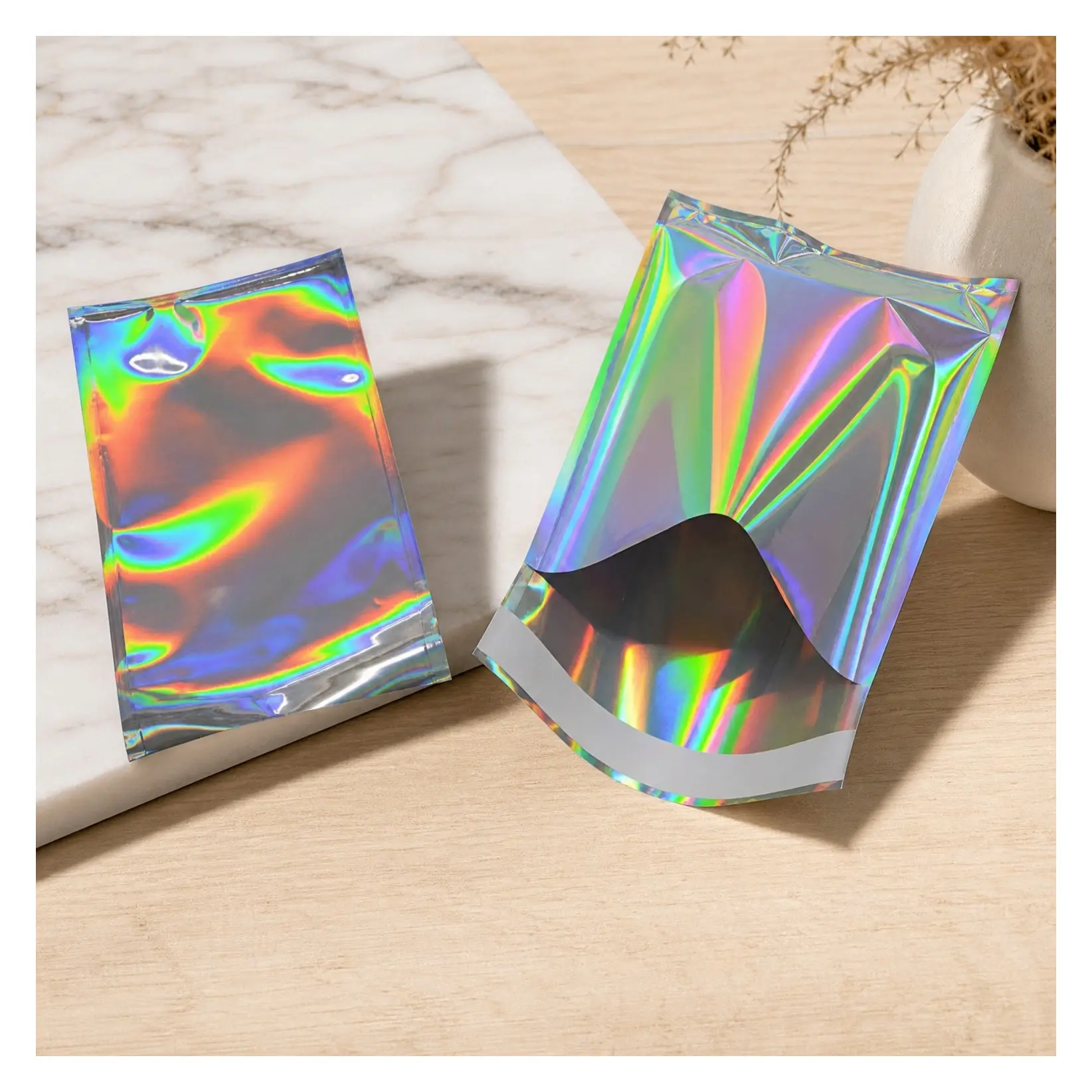 100 Pack Holographic Metallic Self Seal Mailers 2.95x3.94+1.18 Inch - Small Self Adhesive Aluminum Foil Glitter Mylar Poly Mailers Shipping Envelopes Mailing Pouches for Gifts, Cards, PackagingGift
