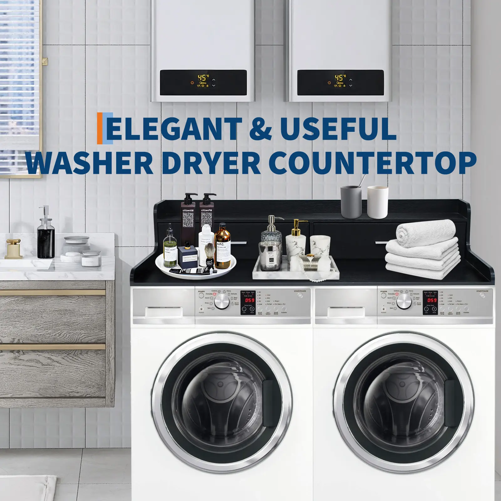 Washer Dryer Countertop with 2 Drawers, 54" x 27.55" Wooden Laundry Countertop with Non-Slip Pads & Raised Edge for Laundry Room Organization and Storage