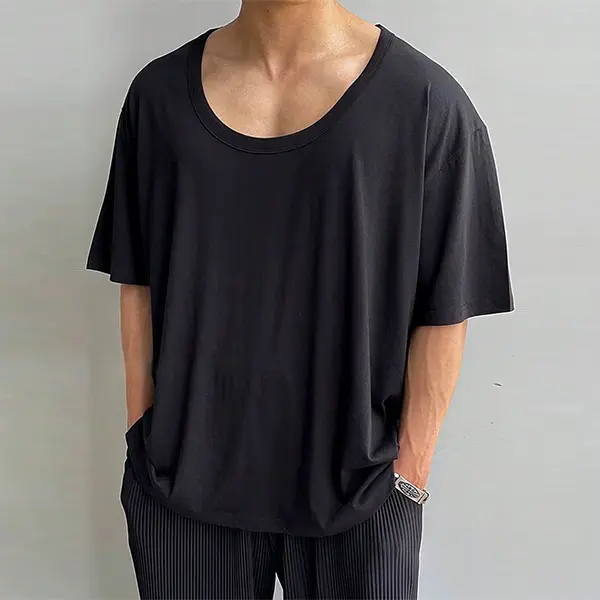 Men’s Oversized Deep U-Neck Short Sleeve Basic Tee, Silky Soft Drapey Lightweight Fabric, Loose Relaxed Fit Essential Top for Minimalist Daily Summer Outfits and Laid-Back Contemporary Mensfashion
